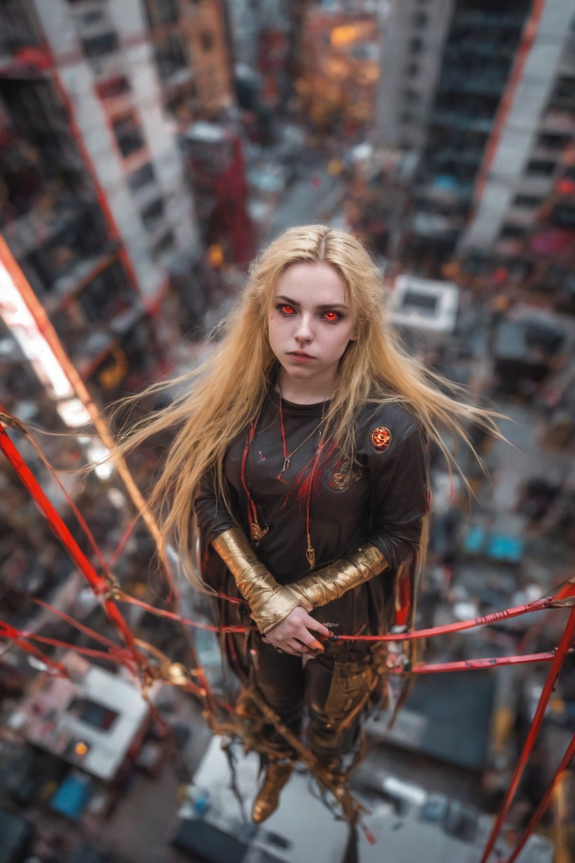 overhead angle shot,Red eyes, evil, golden, shiny, gold hair,High detailed ,midjourney,perfecteyes,Color magic,urban techwear,hmochako,better witch,witch, witch,Long hair ,long hair