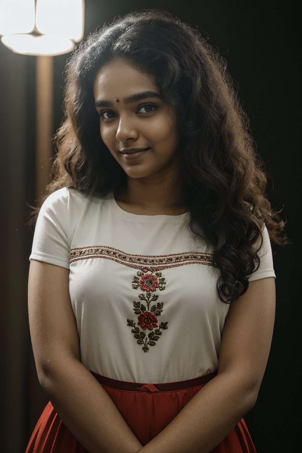 20 year old mallu woman, long curly brown hair,  front view, movie scene, cinematic, high-quality, ultra-detailed, professionally color graded, professional photography.  ( hard light:1.2), (volumetric:1.2), well-lit, double exposure, award-winning photograph, dramatic lighting, dramatic shadows, illumination, long shot, wide shot, full body, at studio, smart watch on left hand, happy_face, smile,  embroidered traditional indian dress, red dress, dark background,1girl