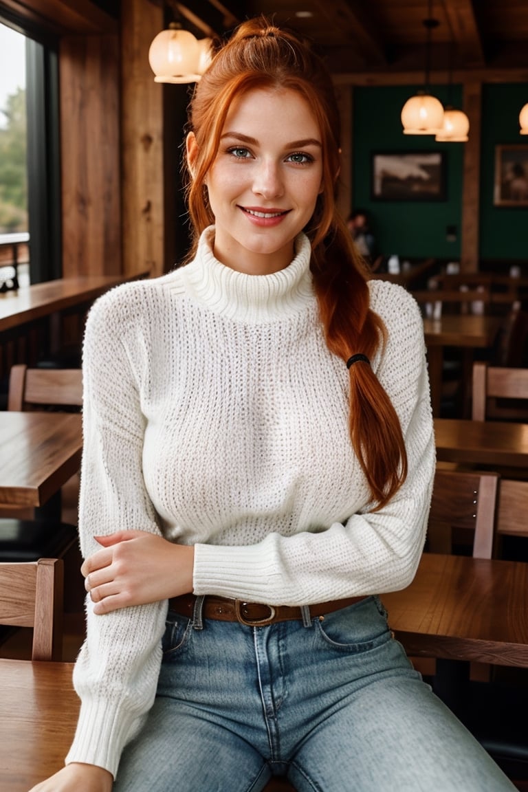 beautiful young girl, slim, medium sized breasts, beautiful breasts, long red hair, perfect ponytail, 1 ponytail, green eyes, ultra detailed eyes, perfect eyes, perfect lips, no makeup, highly detailed skin, wearing a white thick knit sweatet, white sweater, black tight jeans. she is sitting on a chair, at a table eating, in a restaurant, crowded restaurant, smiling, high definition photograph, 4k, 8k, wallpaper, masterpiece, cowboy photography, dramatic, utlra real, realistic photography 