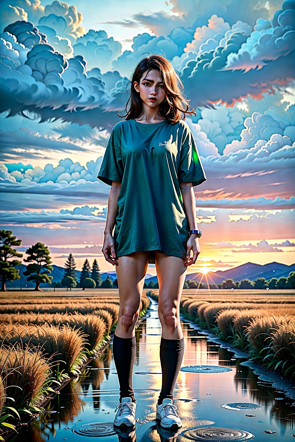 (full body shot) 22 year old woman,(getting rained on),(standing in the rain),long golden brown hair,green eyes,((wearing an oversized shirt, knee-length shirt, very tall socks with high--tops)),(best quality, masterpiece:1.2),(photo-realistic),cute,field of brown grass,night,lots of rain,wet, no filter, rural, woods, open field, corn field, real_life, realistic, photo-realism,