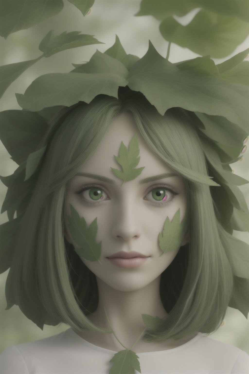 green woman face, leafs