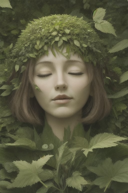 green woman face, lots of leaves, eyes closed