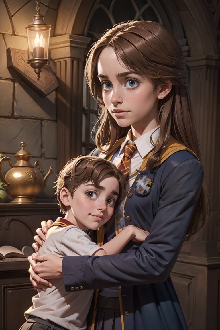 Hermione Granger, hogwarts uniform, a lot children surrounded touch her