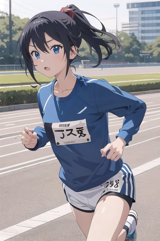 1girl,cute,(anime:1.3), black_hair,jogging, ,(running:1.5),blue T-shirt 