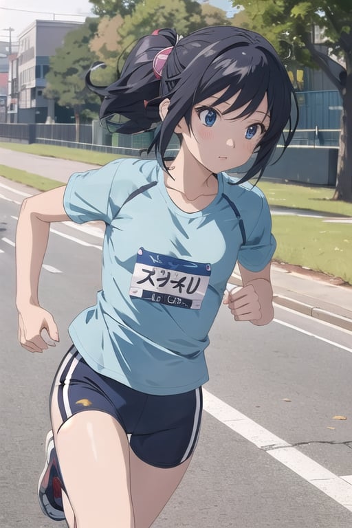 1girl,cute,(anime:1.3), black_hair,jogging, ,(running:1.5),blue T-shirt 