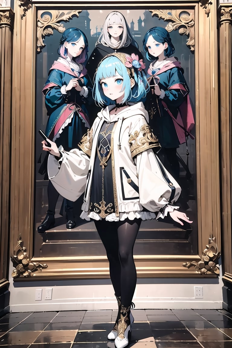 (baroque art style:1.7),{{many eyelashes}}, {lower eyelashes}, milky pale hair, {{{{two-tone hair}}}}, {light blue hair}, {{light pink hair}}, {{{{blunt bangs}}}}, long hair, chignon, knee-high stockings, heel, long hoodie,Bankruptcy