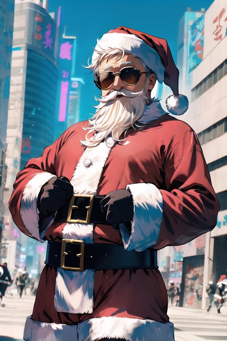 (absurdres, highres, ultra detailed), (1girl:1.3), (beautiful and aesthetic:1.3), brown_eyes, black_hair, straight hair, , (forehead:1.3), glasses, smile, BREAK (Santa Claus:1.3),(Cyberpunk Santa's sleigh:1.5)