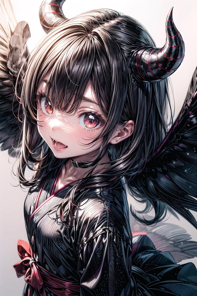 illustration of women,(anime style),(flat:1.5),BREAK,
1women,solo,(happy:1.3),(glow:1.4),(sparkling reflection red eyes:1.3),break,(wavy long black hair:1.5),(blunt bangs),(black angel wings:1.5),(black kimono:1.2),BREAK
(Devil's horns:1.4),(white background:1.4),(symmetrical:1.2),(from above:1.2),upper body,parted_lips,