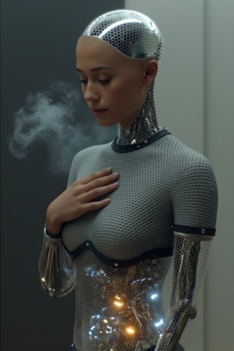 A beautiful Korean robot girl is touching her belly. Smoke is coming out of the fron of her neck, exmachina, ava,