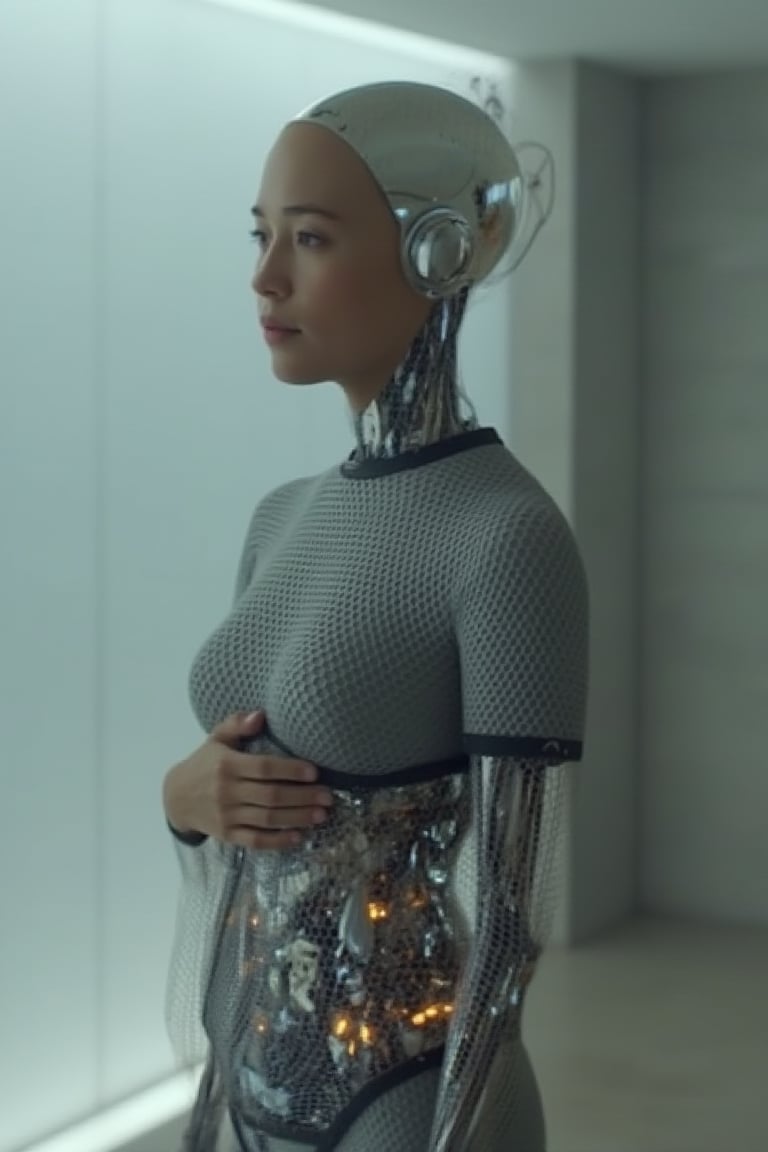 A beautiful Korean robot girl is touching her belly. Smoke is coming out of the back of her head, exmachina, ava,