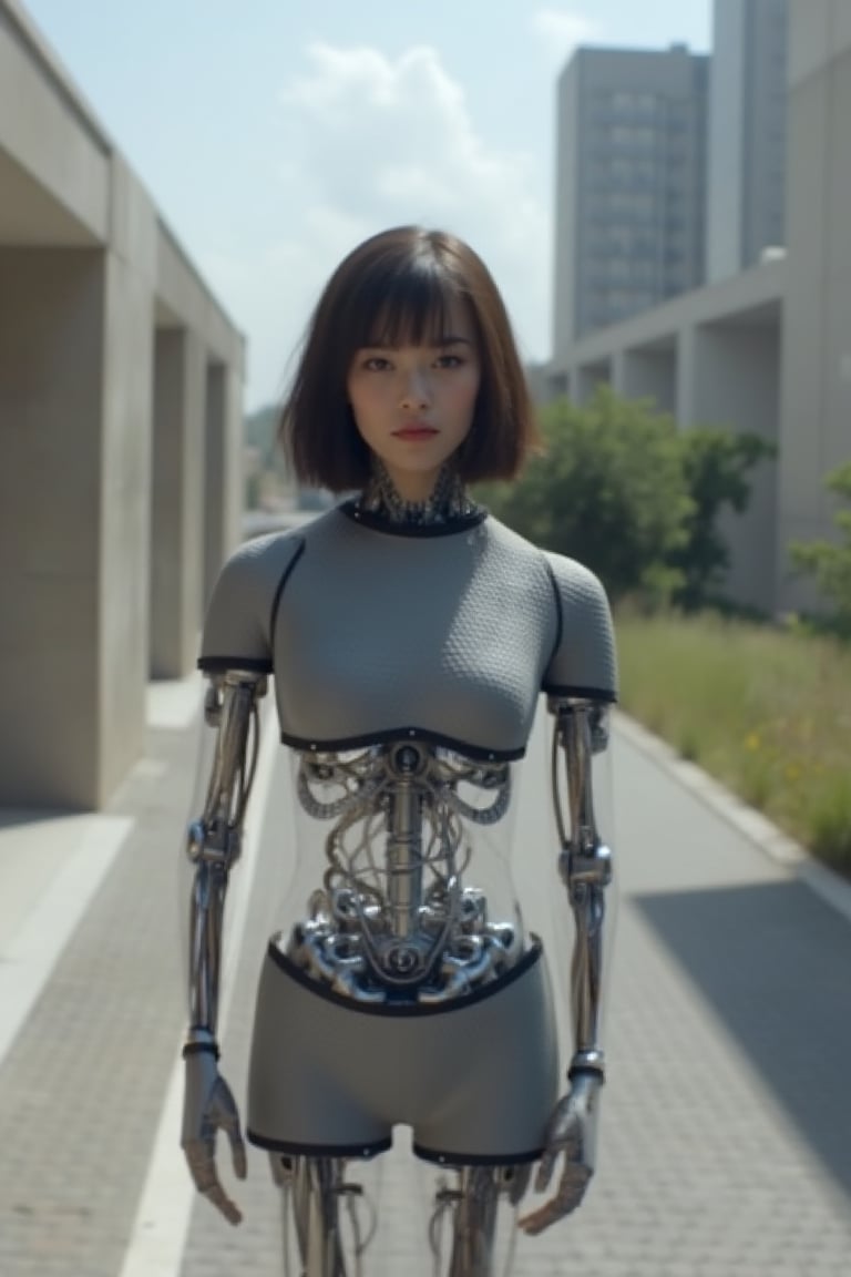 Beautiful and cute korean robot girl in street, exmachina, ava, photography, full shot, wide shot,