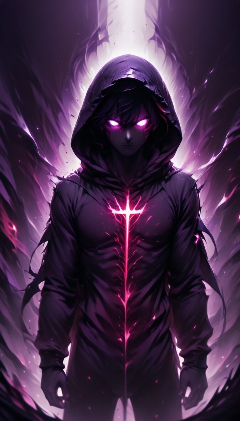 prfm style, dark city street, an air of mystery and fear, hints of purple and minimal red glowing of lights from street lights, figure wearing a hood hide in the shadows, can only make out the outline of the mysterious figure. there is a bright yet dark purple light that looks like enegry resonating from behind him through him