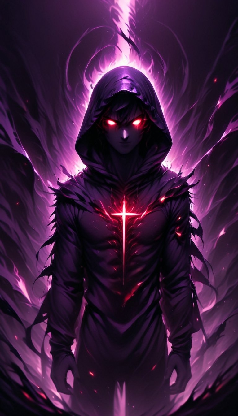prfm style, dark city street, an air of mystery and fear, lots of purple and only minimal red glowing of lights from street lights, figure wearing a hood hide in the shadows, can only make out the outline of the mysterious figure. there is a bright yet dark purple light that looks like enegry resonating from behind him through him