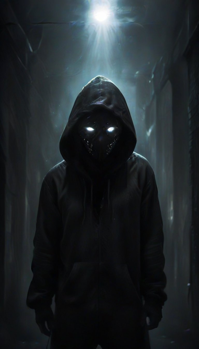 prfm style, dark city street, an air of mystery and fear, minimal glow of light from street lights, figure wearing a hood hide in the shadows, can only make out the outline of the mysterious figure. there is a glint of light coming from an object he is carrying