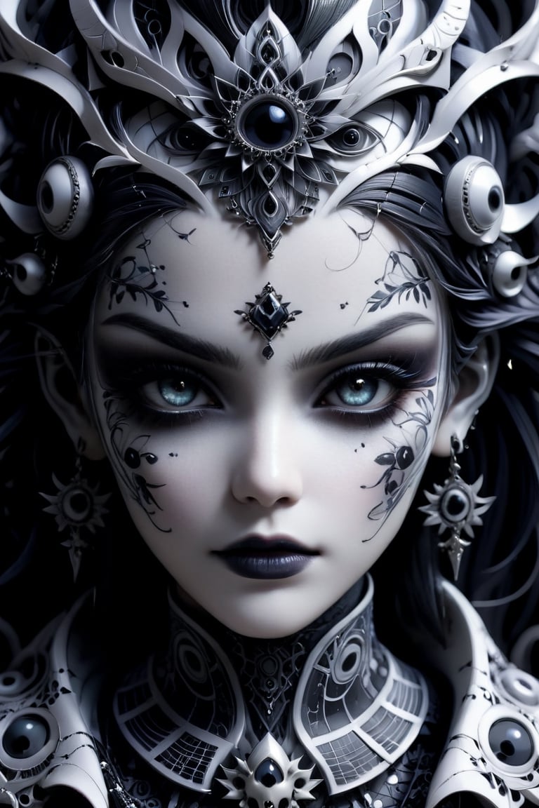 (Black and white, intricate details, close-up of a woman's face with an intricate design, 3DCGI anime fantasy artwork, necro, detailed patterned skin, abstract fragments, impressive eyes, mixed media, 3D rendering Silver painting, symmetrical beauty, ambient occlusion rendering, psytrance), Detailed Textures, high quality, high resolution, high Accuracy, realism, color correction, Proper lighting settings, harmonious composition, Behance works,ct-niji2,xxmix_girl,goth person