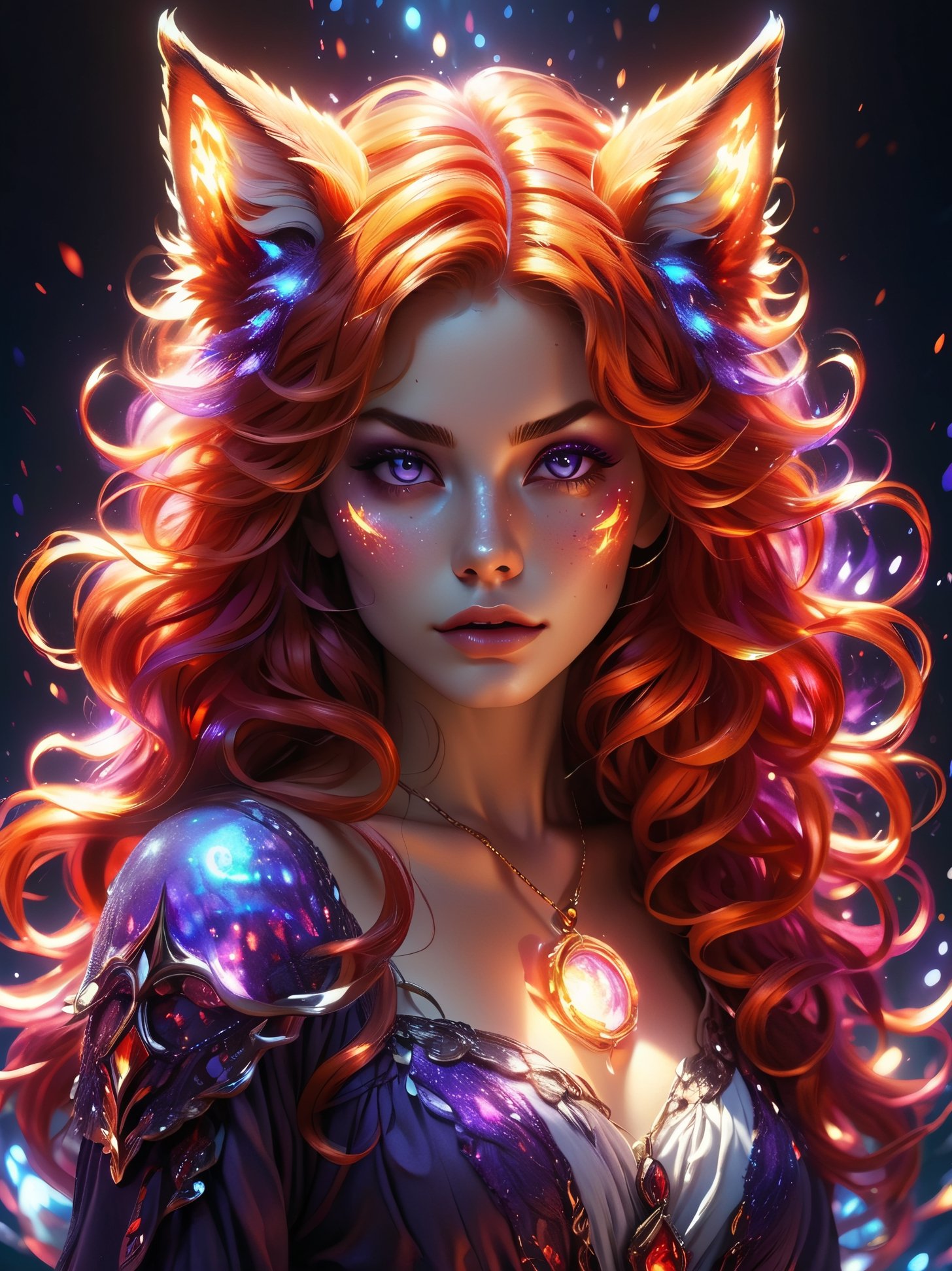 (cute flame foxy, flaming veins), purple, pink and blue tones, (masterpiece, best quality, ultra-detailed, best shadow), (detailed background,dark fantasy), (beautiful detailed face), high contrast, (best illumination, an extremely delicate and beautiful), ((cinematic light)), colorful, hyper detail, dramatic light, intricate details, (1girl, solo, red hair, sharp face, amber eyes, hair between eyes,dynamic angle), blood splatter, swirling black light around the character, depth of field, light particles,(broken glass),magic circle, (full body), Spirit Fox Pendant