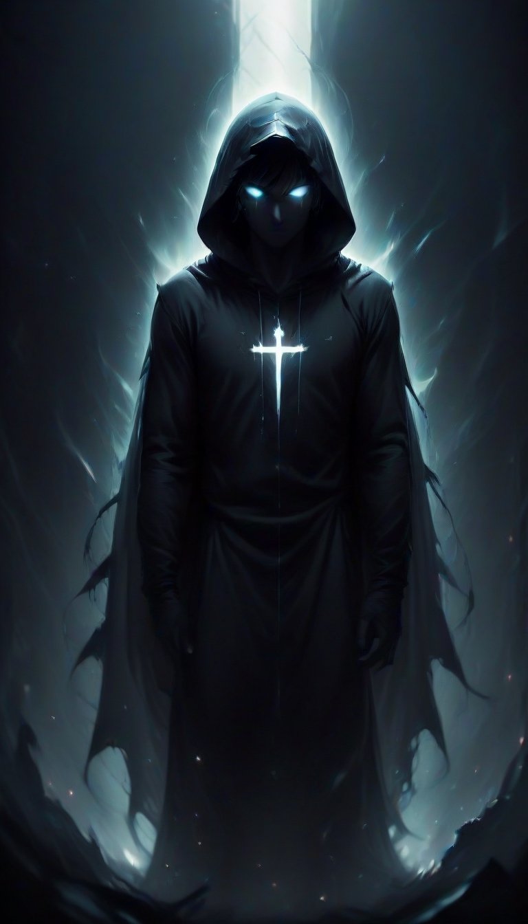 prfm style, dark city street, an air of mystery and fear, minimal glow of light from street lights, figure wearing a hood hide in the shadows, can only make out the outline of the mysterious figure. there is a glint of light coming from an object he is carrying