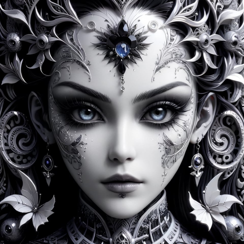 (Black and white, intricate details, close-up of a woman's face with an intricate design, 3DCGI anime fantasy artwork, necro, detailed patterned skin, abstract fragments, impressive eyes, mixed media, 3D rendering Silver painting, symmetrical beauty, ambient occlusion rendering, psytrance), Detailed Textures, high quality, high resolution, high Accuracy, realism, color correction, Proper lighting settings, harmonious composition, Behance works,ct-niji2,xxmix_girl,goth person