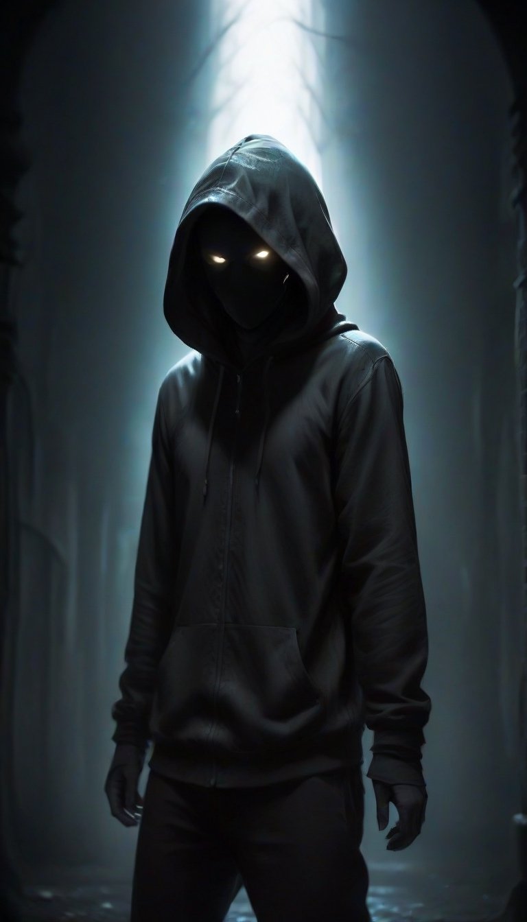 prfm style, dark city street, an air of mystery and fear, minimal glow of light from street lights, figure wearing a hood hide in the shadows, can only make out the outline of the mysterious figure. there is a glint of light coming from an object he is carrying