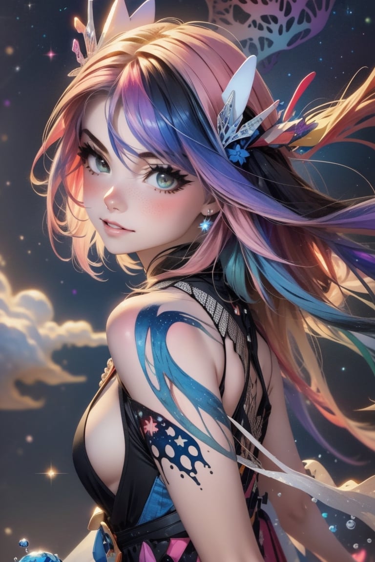 masterpiece,top quality,best quality,watercolor,(medium),official art,beautiful and aesthetic,(1girl:1.3),(fractal art:1.3),upper body,from side,looking at viewer,patterns,rainbow color Hair,colorful hair,half blue and half pink hair,water,liquid,cloud,colorful,starry,stars,sparkly dress