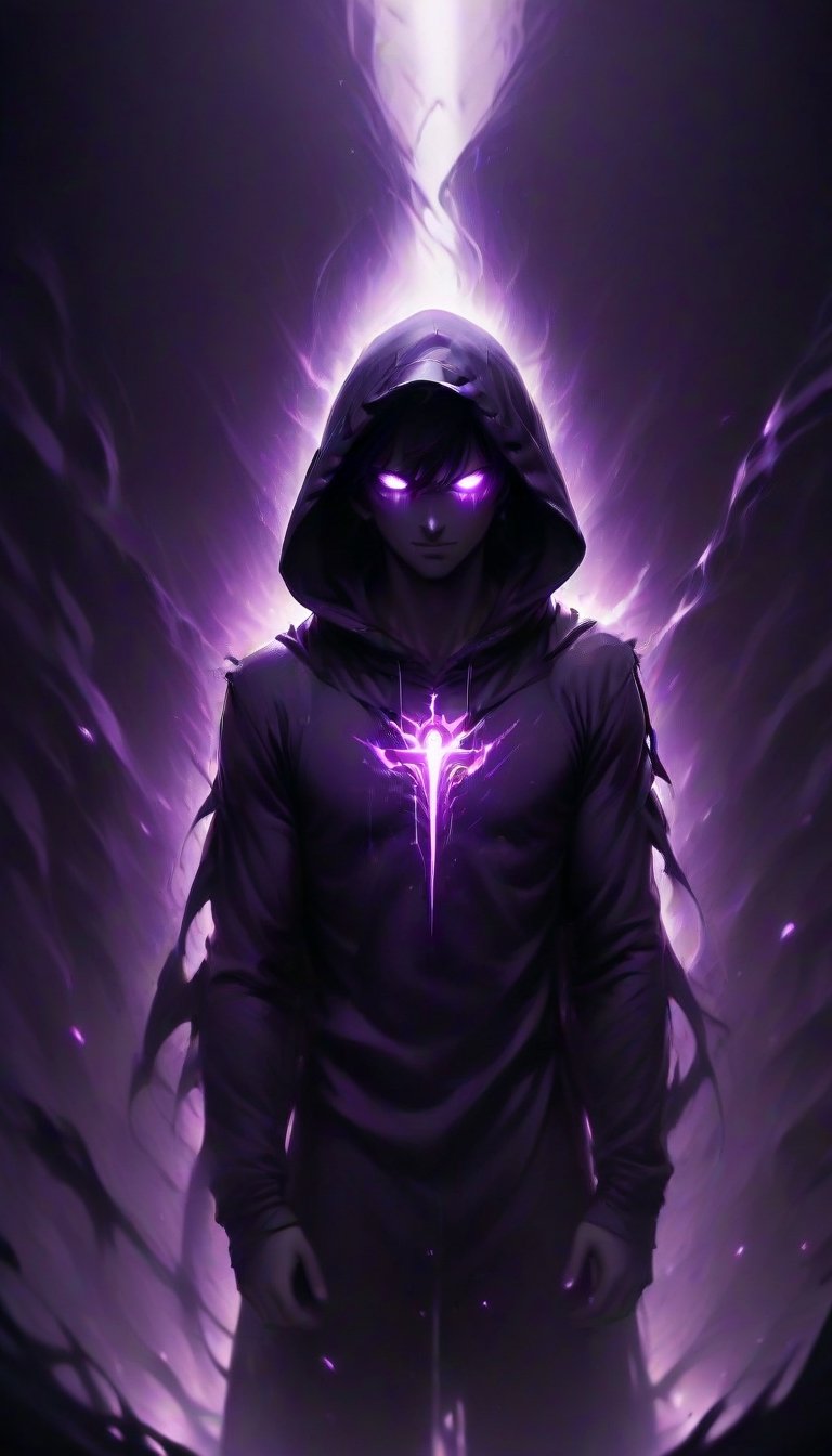 prfm style, dark city street, an air of mystery and fear, minimal purple glow of light from street lights, figure wearing a hood hide in the shadows, can only make out the outline of the mysterious figure. there is a bright yet dark purple light that looks like enegry resonating from behind him through him