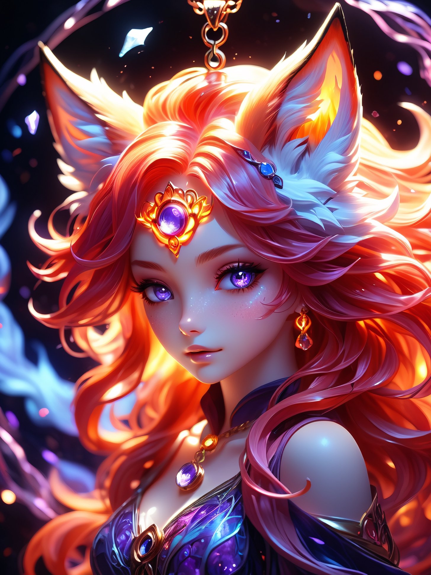 (cute flame foxy, flaming veins), purple, pink and blue tones, (masterpiece, best quality, ultra-detailed, best shadow), (detailed background,dark fantasy), (beautiful detailed face), high contrast, (best illumination, an extremely delicate and beautiful), ((cinematic light)), colorful, hyper detail, dramatic light, intricate details, (1girl, solo, red hair, sharp face, amber eyes, hair between eyes,dynamic angle), blood splatter, swirling black light around the character, depth of field, light particles,(broken glass),magic circle, (full body), Spirit Fox Pendant