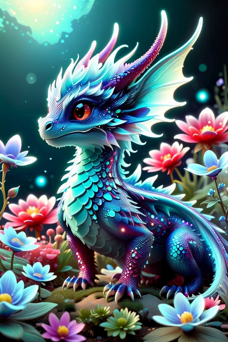 a close up of a tiny fairies dragon in a field of dewy flowers and plants, fantasy gorgeous (((bioluminescent:: translucent))) red and blue lighting, adorable glowing creature, cute little dragon, neon glow concept art, fantasy bioluminescent lighting, crystal dragon, dragon design language, cgsociety 9, glowing neon vray, vfx art, dragon portrait.