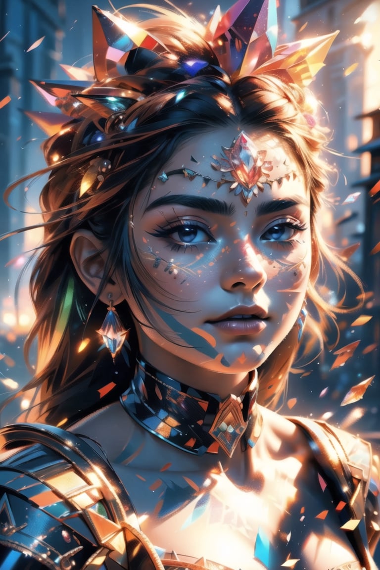 vibrant colors, female, masterpiece, sharp focus, best quality, depth of field, cinematic lighting, ((solo, landscape )), (illustration, 8k CG, (extremely detailed), masterpiece, ultra-detailed, one girl, (crystals:1.2), (shining:1.1), (multicolors:1.3),  