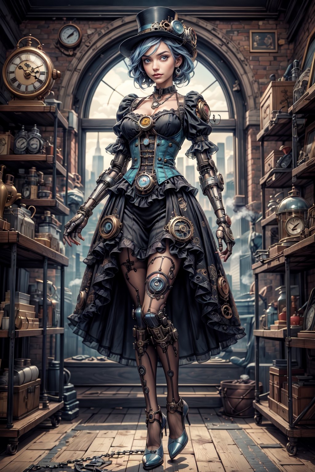 masterpiece, best quality, an automaton girl in a time goddess theme, purple, teal and silver, featuring robotic body parts, delicate facial expressions, and intricately detailed steampunk fashion. Her attire includes a clock-adorned dress, chain accessories, and sundial-themed shoes. The scene is set in a surreal steampunk world with floating clocks, giant timepieces, and a bustling city skyline. hyperdetailed illustration, highres,Mj Osea Style,steam4rmor