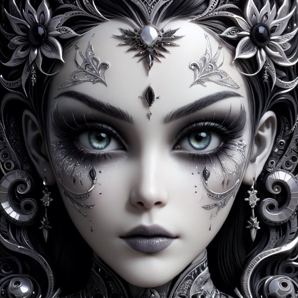 (Black and white, intricate details, close-up of a woman's face with an intricate design, 3DCGI anime fantasy artwork, necro, detailed patterned skin, abstract fragments, impressive eyes, mixed media, 3D rendering Silver painting, symmetrical beauty, ambient occlusion rendering, psytrance), Detailed Textures, high quality, high resolution, high Accuracy, realism, color correction, Proper lighting settings, harmonious composition, Behance works,ct-niji2,xxmix_girl,goth person