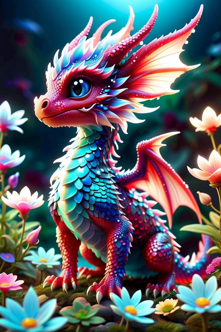 a close up of a tiny fairies dragon in a field of dewy flowers and plants, fantasy gorgeous (((bioluminescent:: translucent))) red and blue lighting, adorable glowing creature, cute little dragon, neon glow concept art, fantasy bioluminescent lighting, crystal dragon, dragon design language, cgsociety 9, glowing neon vray, vfx art, dragon portrait.