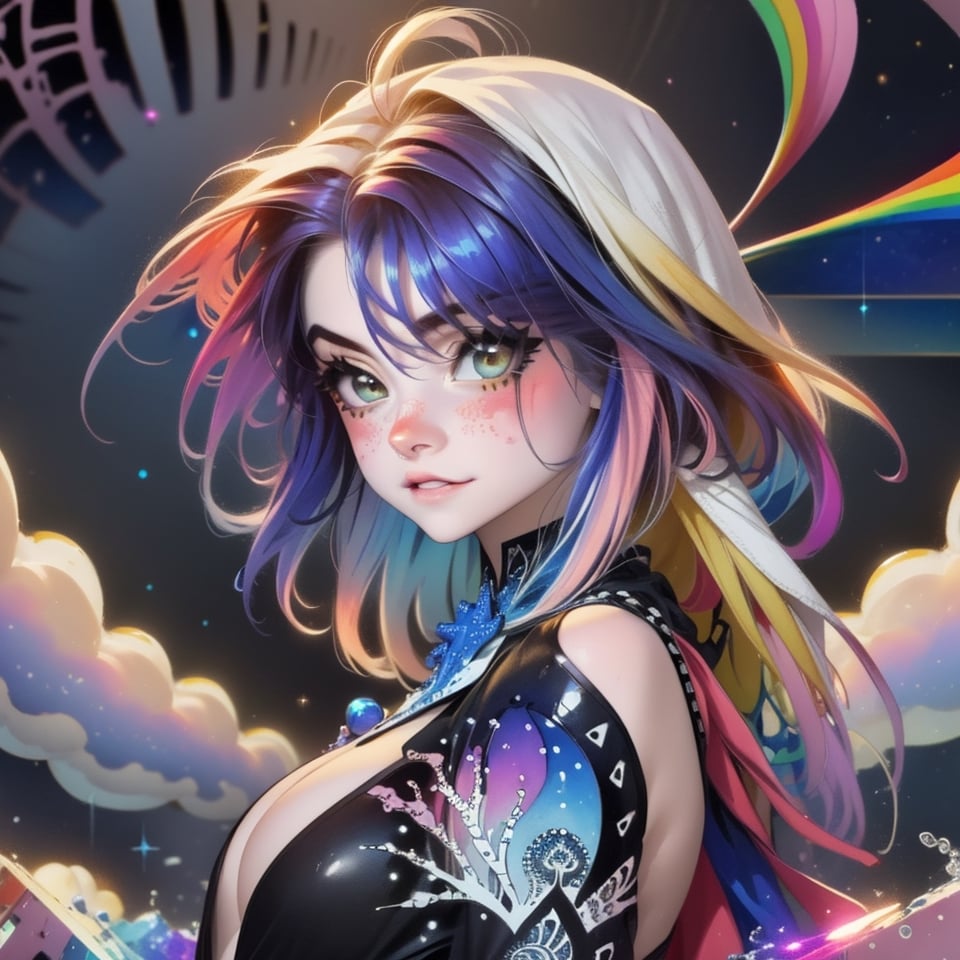 masterpiece,top quality,best quality,watercolor,(medium),official art,beautiful and aesthetic,(1girl:1.3),(fractal art:1.3),upper body,from side,looking at viewer,patterns,rainbow color Hair,colorful hair,half blue and half pink hair,water,liquid,cloud,colorful,starry,stars,sparkly dress