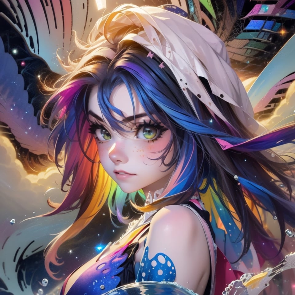 masterpiece,top quality,best quality,watercolor,(medium),official art,beautiful and aesthetic,(1girl:1.3),(fractal art:1.3),upper body,from side,looking at viewer,patterns,rainbow color Hair,colorful hair,half blue and half pink hair,water,liquid,cloud,colorful,starry,stars,sparkly dress