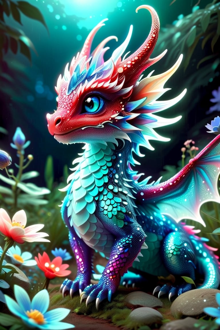 a close up of a tiny fairies dragon in a field of dewy flowers and plants, fantasy gorgeous (((bioluminescent:: translucent))) red and blue lighting, adorable glowing creature, cute little dragon, neon glow concept art, fantasy bioluminescent lighting, crystal dragon, dragon design language, cgsociety 9, glowing neon vray, vfx art, dragon portrait.