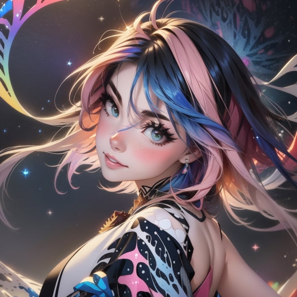 masterpiece,top quality,best quality,watercolor,(medium),official art,beautiful and aesthetic,(1girl:1.3),(fractal art:1.3),upper body,from side,looking at viewer,patterns,rainbow color Hair,colorful hair,half blue and half pink hair,water,liquid,cloud,colorful,starry,stars,sparkly dress