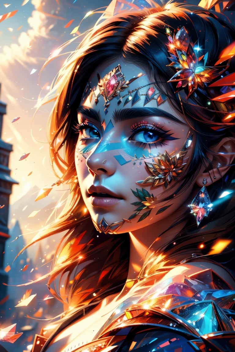 vibrant colors, female, masterpiece, sharp focus, best quality, depth of field, cinematic lighting, ((solo, landscape )), (illustration, 8k CG, (extremely detailed), masterpiece, ultra-detailed, one girl, (crystals:1.2), (shining:1.1), (multicolors:1.3),  