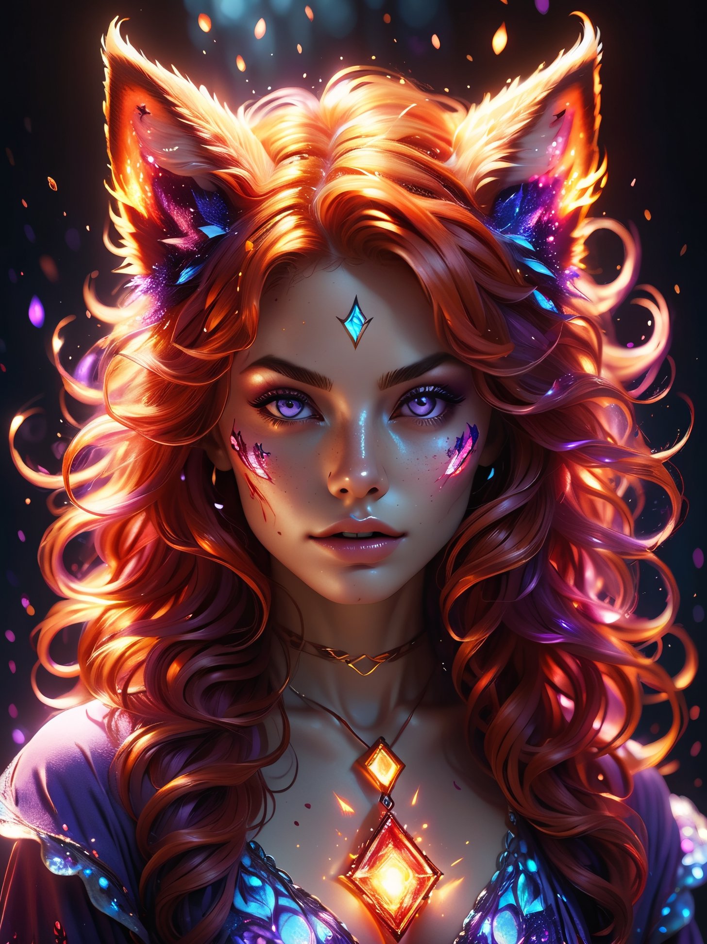 (cute flame foxy, flaming veins), purple, pink and blue tones, (masterpiece, best quality, ultra-detailed, best shadow), (detailed background,dark fantasy), (beautiful detailed face), high contrast, (best illumination, an extremely delicate and beautiful), ((cinematic light)), colorful, hyper detail, dramatic light, intricate details, (1girl, solo, red hair, sharp face, amber eyes, hair between eyes,dynamic angle), blood splatter, swirling black light around the character, depth of field, light particles,(broken glass),magic circle, (full body), Spirit Fox Pendant