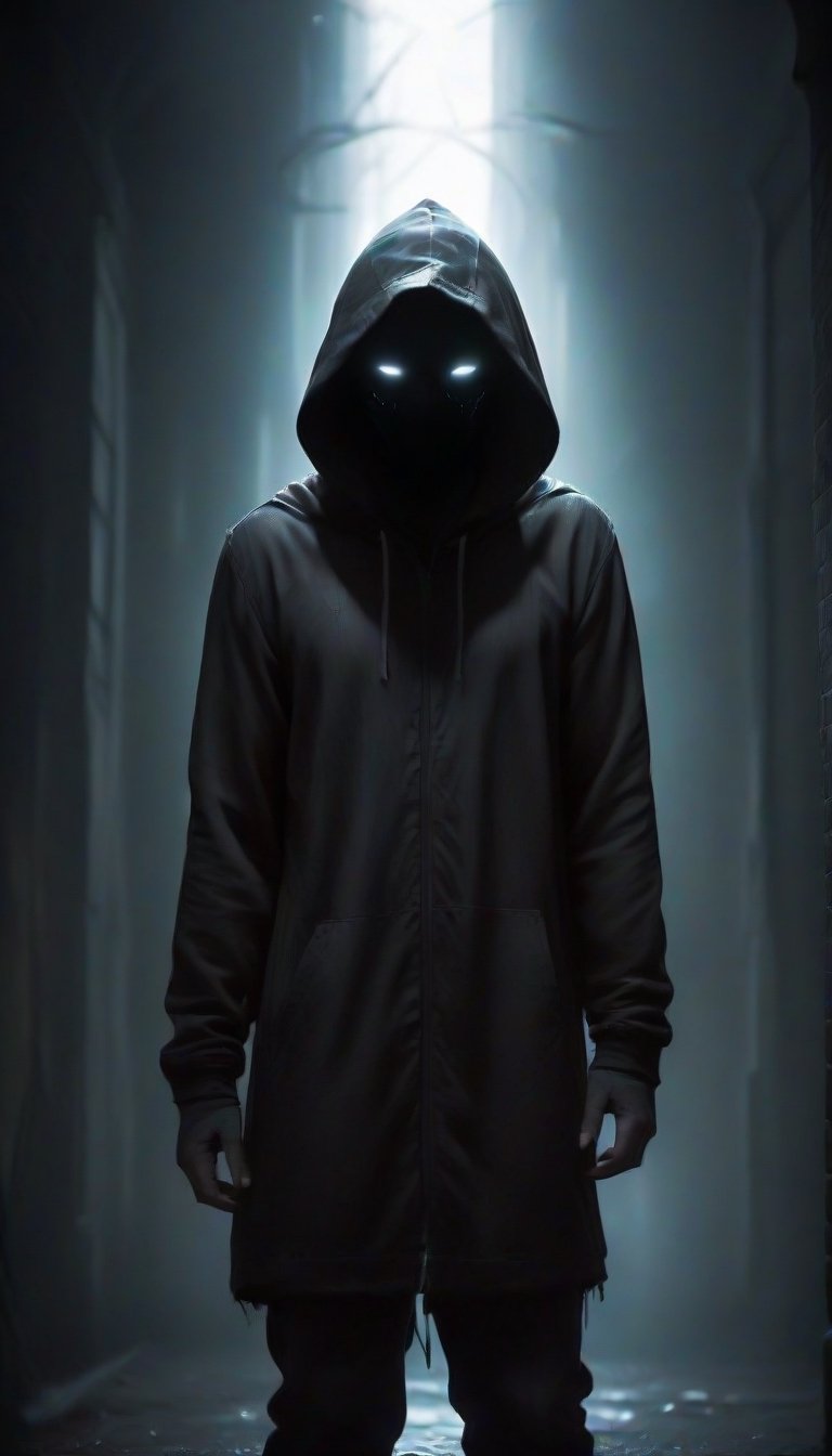 prfm style, dark city street, an air of mystery and fear, minimal glow of light from street lights, figure wearing a hood hide in the shadows, can only make out the outline of the mysterious figure. there is a glint of light coming from an object he is carrying