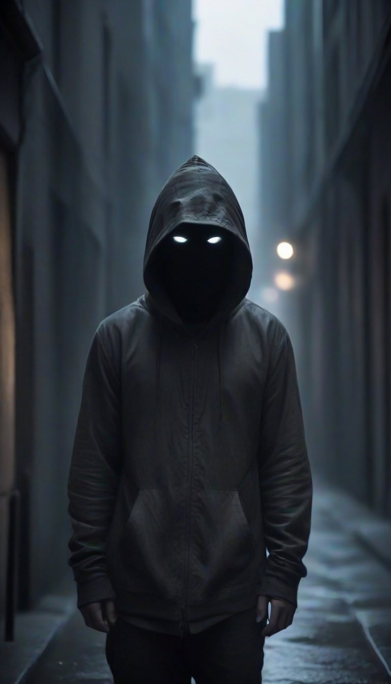 prfm style, dark city street, an air of mystery and fear, minimal glow of light from street lights, figure wearing a hood hide in the shadows, can only make out the outline of the mysterious figure. there is a glint of light coming from an object he is carrying