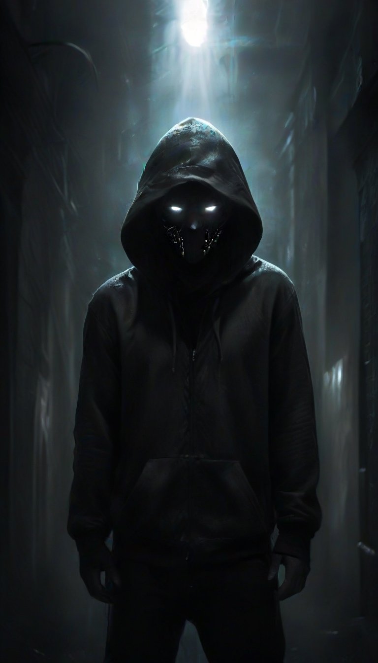 prfm style, dark city street, an air of mystery and fear, minimal glow of light from street lights, figure wearing a hood hide in the shadows, can only make out the outline of the mysterious figure. there is a glint of light coming from an object he is carrying