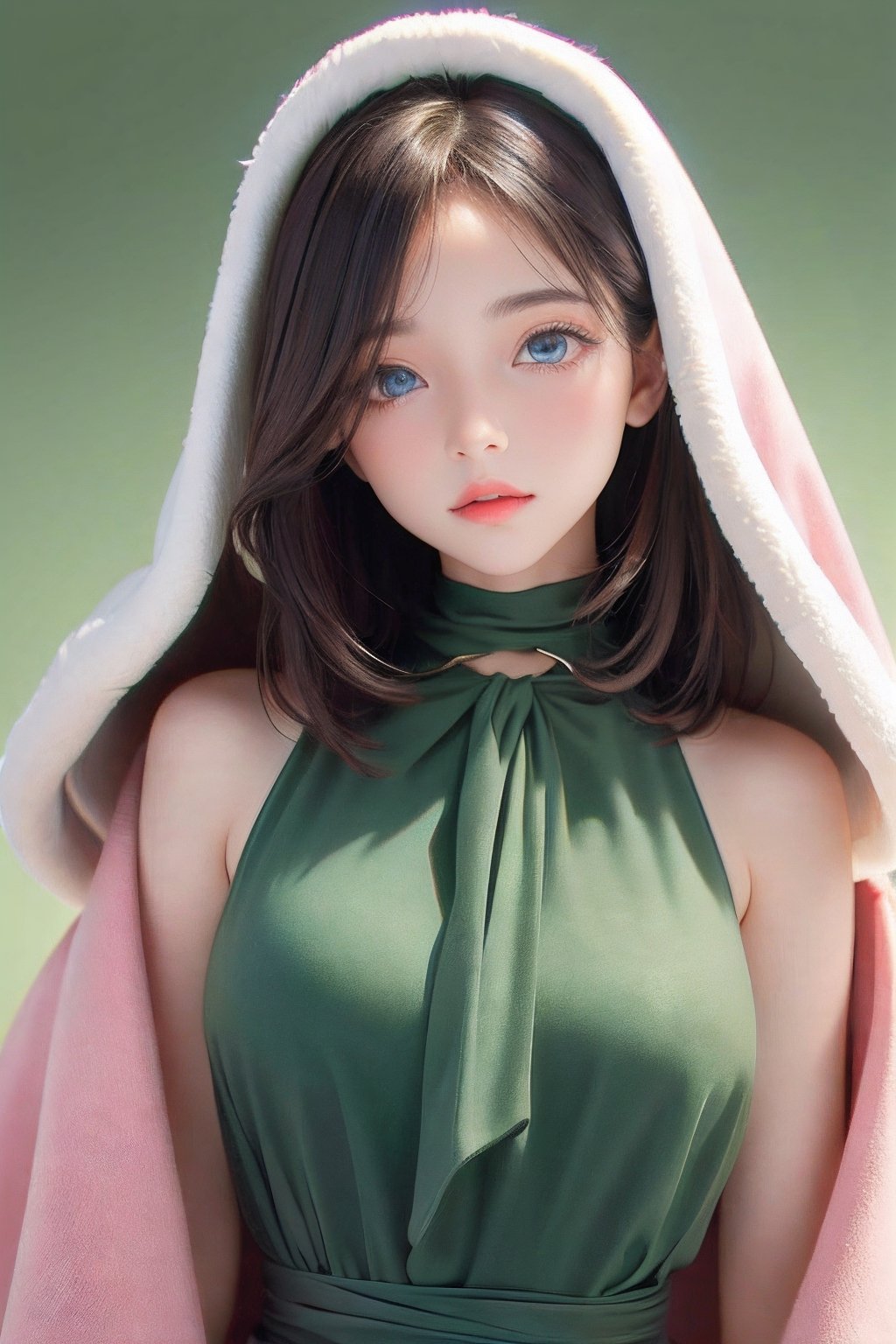 (masterpiece:1.4), (ultra-detailed:1.5), (best quality:1.4), (high resolution:1.4), (beautiful pretty cute face:1.4), (beautiful detailed eyes:1.4),1girl in a green dress posing for a picture with a pink fur stole around her neck and a green background, aestheticism, Chen Jiru, an album cover, rounded eyes,