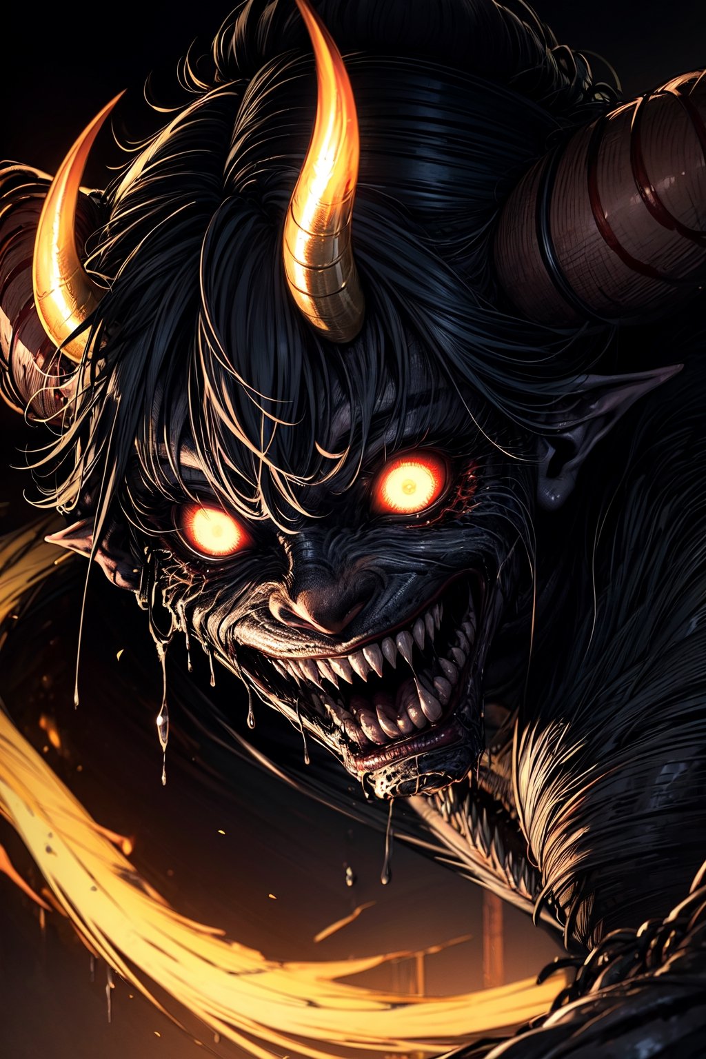 Japanese horror manga, a close up of a demon with fire coming out of it's mouth, concept art, small character. unreal engine 5, red horns, trending on cgstation,HORROR