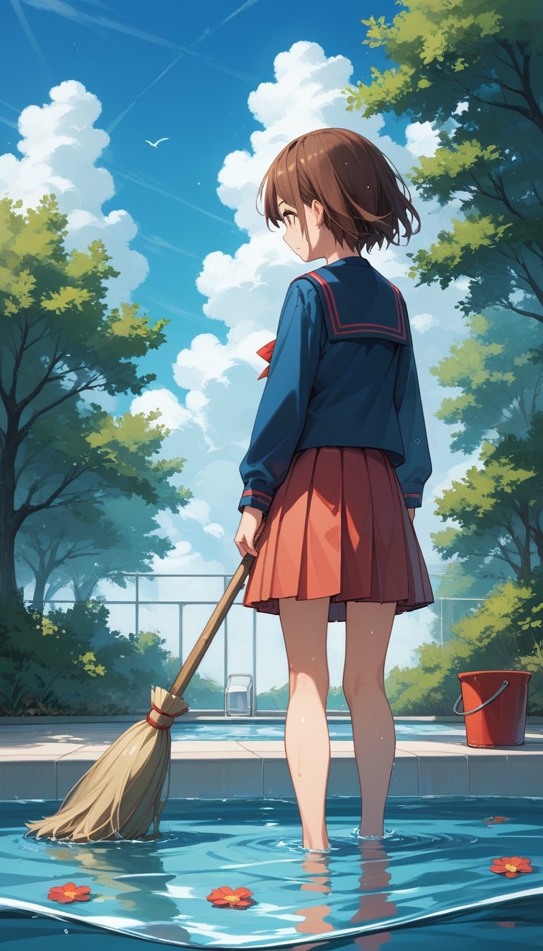 score_9, score_8_up, score_7_up, score_6_up, score_5_up, score_4_up,source_anime,

1girl, solo, short hair, skirt, brown hair, school uniform, outdoors, sky, barefoot, serafuku, day, cloud, water, from behind, tree, wet, wading, broom, pool, bucket,