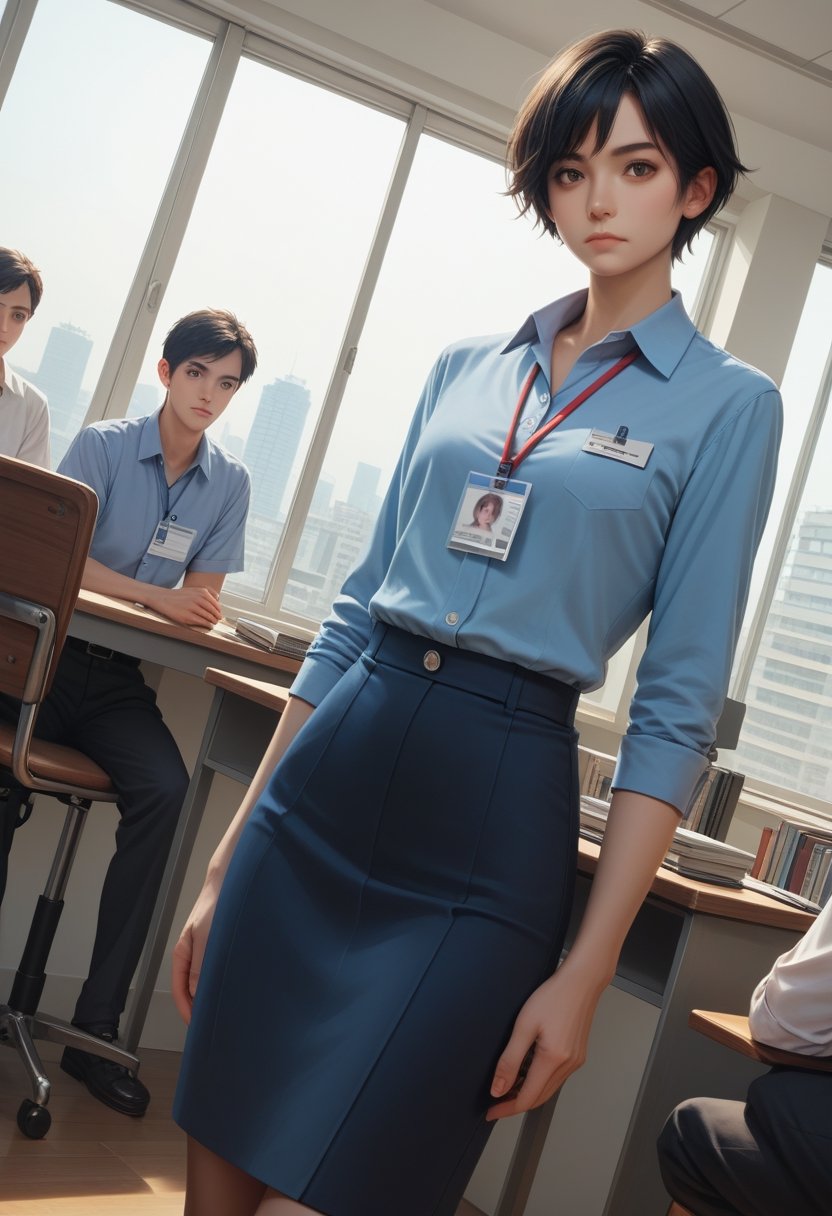 score_9, score_8_up, score_7_up, score_6_up, score_5_up, score_4_up, 

looking at viewer, short hair, multiple girls, shirt, black hair, sitting, standing, multiple boys, indoors, dutch angle, window, chair, realistic, id card, office