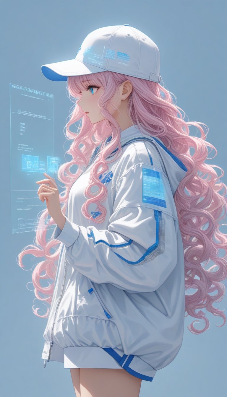 a beautiful girl wearing white and blue fashionable clothes. She has long white curly hair and a strand of pink hair. She is wearing a baseball cap and holding a holographic projection in her hand,side view,light blue background,highly detailed,ultra high resolution,32K UHD,best quality,masterpiece,