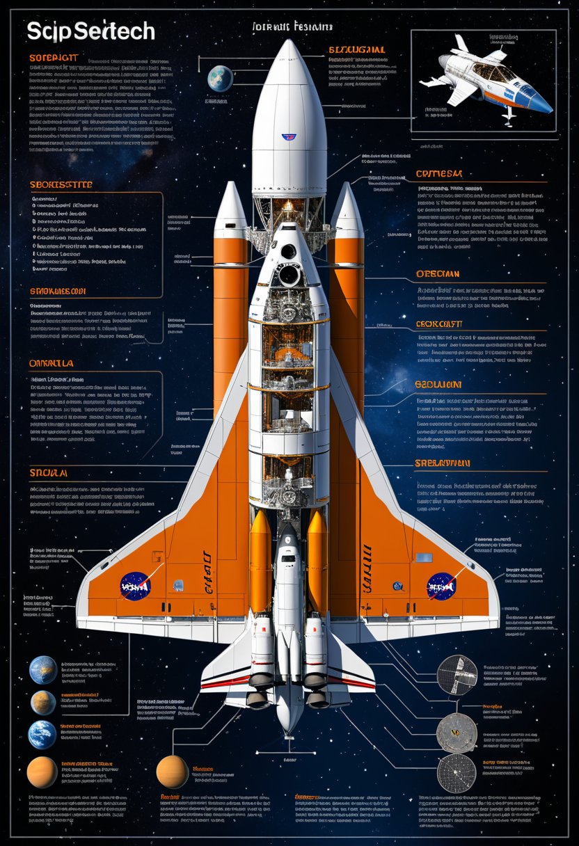 Produce a detailed technical illustration of a spacecraft, showcasing a cutaway design that reveals its internal structure. The spacecraft should be rendered with a sleek, streamlined body in vibrant orange and metallic shades. The image must include annotated engineering blueprints, detailed schematics, and callouts, set against a technical background that provides a comprehensive view of the craft's design. Aim for a sketch-like style that merges artistic intricacy with mechanical precision, complete with various angles and detailed exploded views of spacecraft components