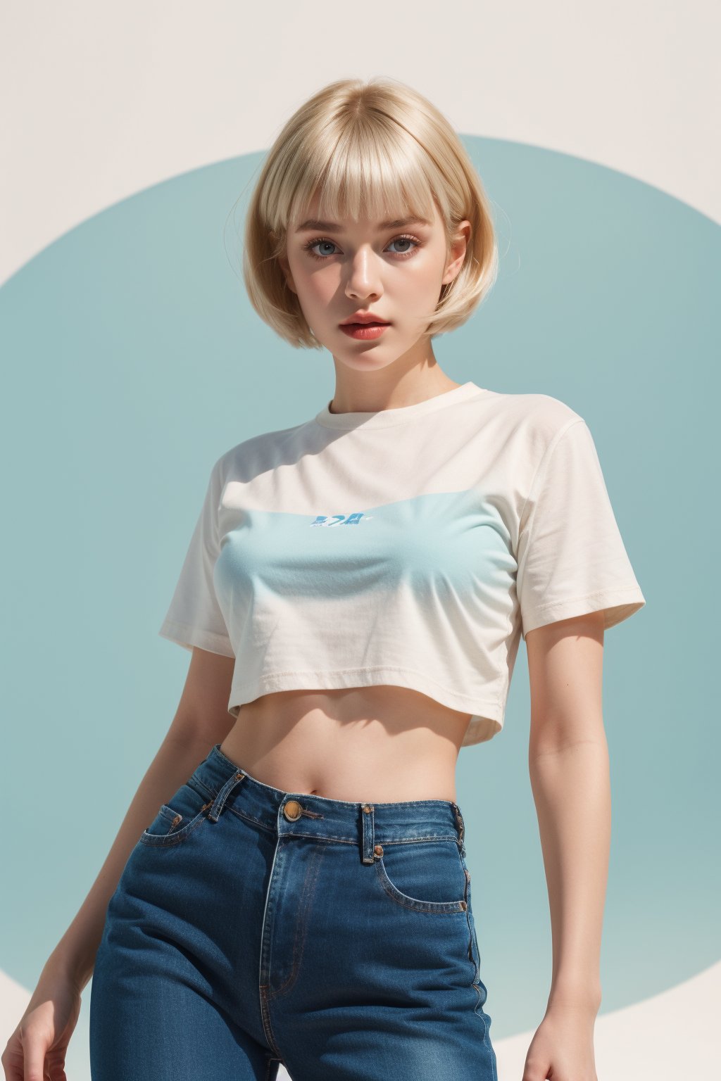 imagine Minimalist Y2K portrait of a girl with bubbly white haircut using Hasselblad camera on white backdrop, by photographer Juergen Teller, retro young Korean idol with short bouncy platinum mushroom cut, wearing cropped baby tee and low-rise distressed jeans from 90s/2000s era, holding vintage Hasselblad film camera, shot on seamless white infinity curve backdrop, sharp contrasty lighting with subtle shadows, desaturated color palette with light baby blue accent, extremely fine details in hair strands and denim textures, 8K ultra high definition studio editorial style