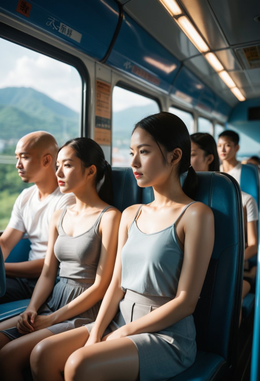 A realistic and detailed 3D render of an 18-year-old Taiwanese girl and a group of bald men inside a bus on a hot summer day. They are all sweating, with the girl and one of the bald men hugging each other. The bus interior shows seats and windows, with an urban landscape visible outside. The lighting is bright and natural, with sunlight streaming through the bus windows, highlighting the warmth and intensity of the summer day.
BREAK,
dramatic lighting,highly detailed,high budget,bokeh,cinemascope,moody,epic,gorgeous,film grain,grainy,masterpiece,best quality,perfect anatomy,very aesthetic,official art,8k,