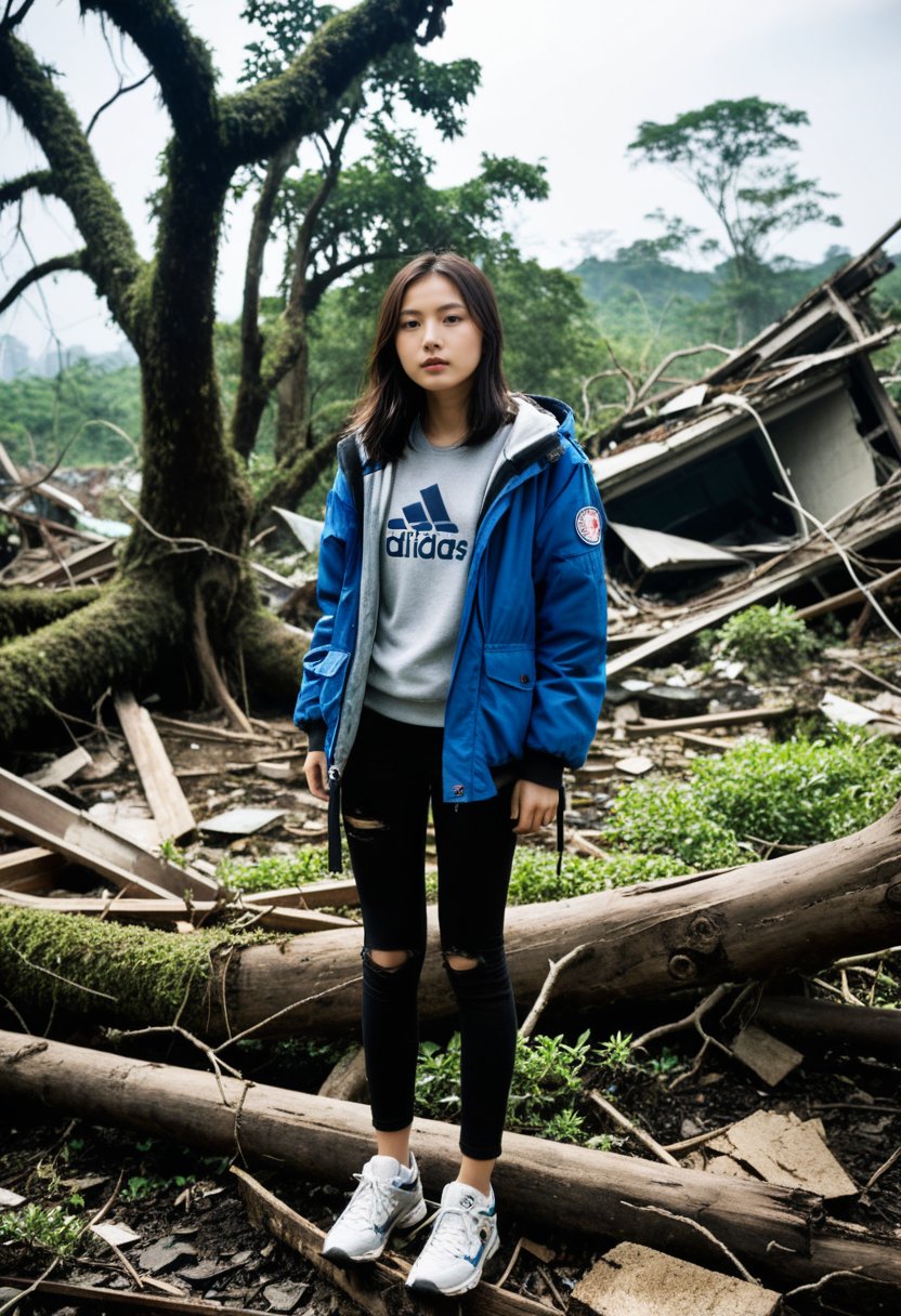 Create an image of a 16-year-old Taiwanese female reporter in the ruins of fallen trees under a violent storm. Her clothes are in tatters, emphasizing the dilapidation of the surrounding environment. The focus is on the girl doing the interview with a microphone in her hand, but her clothes have decayed and the surrounding environment has been damaged. The ruins appear abandoned and in disrepair, highlighting the contrast between the girl's youth and the desolation of the environment. The picture should focus on the girl's expression and clothes, as well as the relationship with the environment, and have very detailed details.