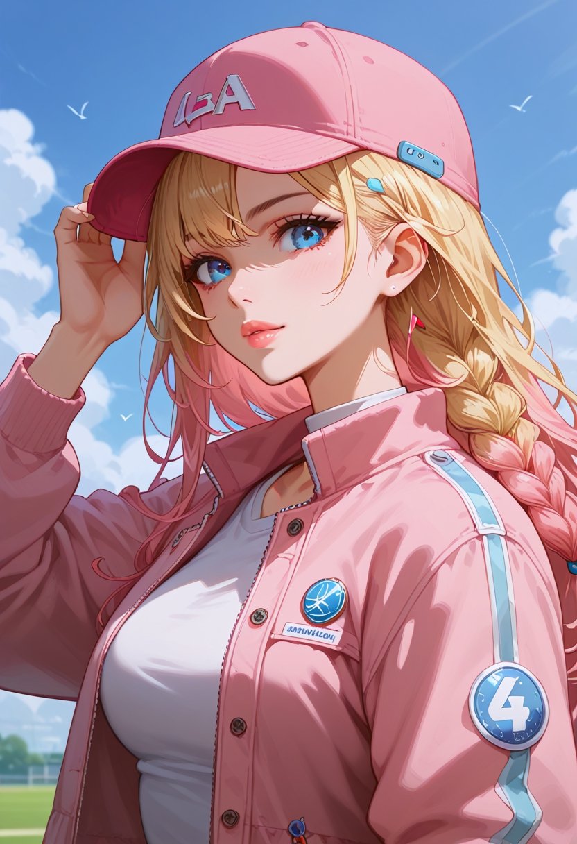 score_9, score_8_up, score_7_up, score_6_up,source_anime,
1girl, solo, long hair, looking at viewer, blue eyes, blonde hair, hat, jacket, upper body, pink hair, braid, multicolored hair, lips, baseball cap, hand on headwear, pink headwear, pink jacket